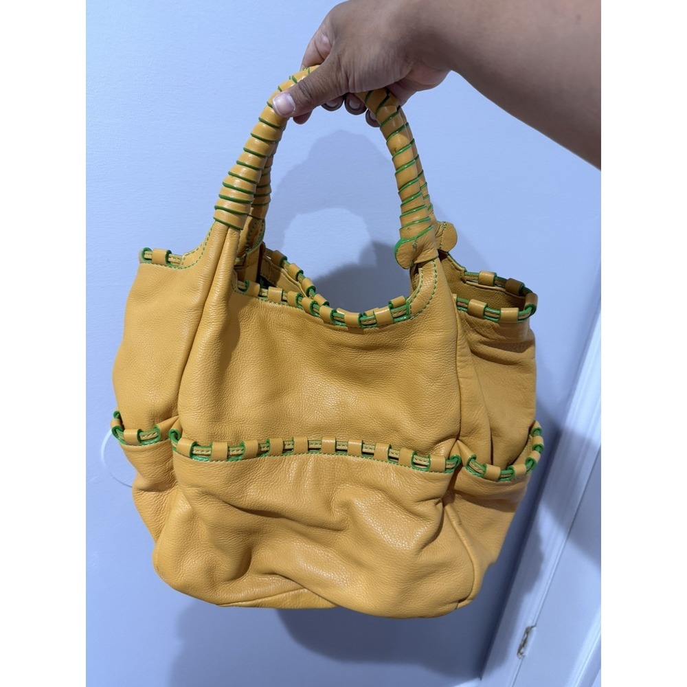 Oryany Alston Yellow Leather Tote Bag with Green Whipstitch 19x12" 7" handle L